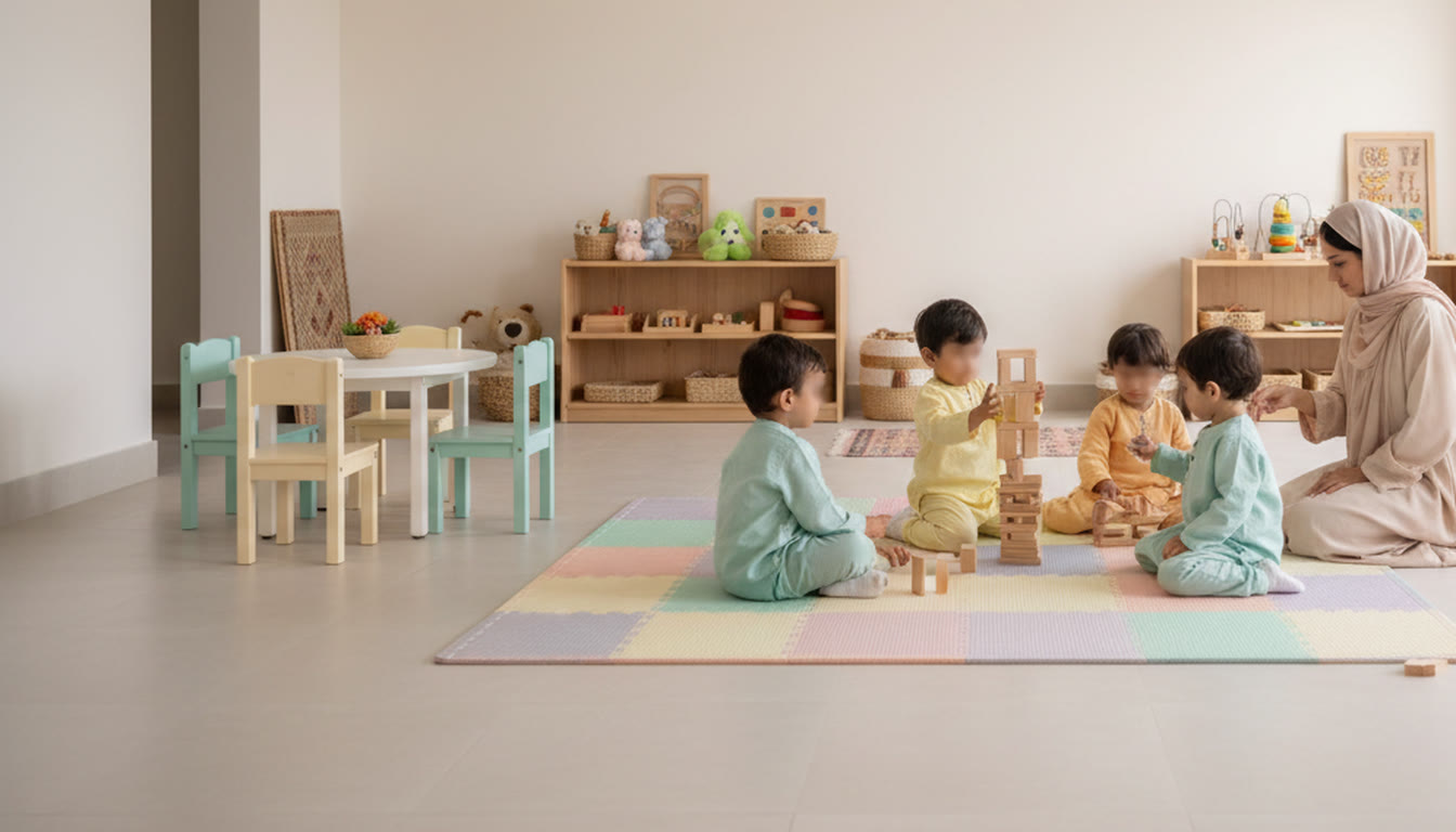 Toddlers playing on a mat in a preschool room